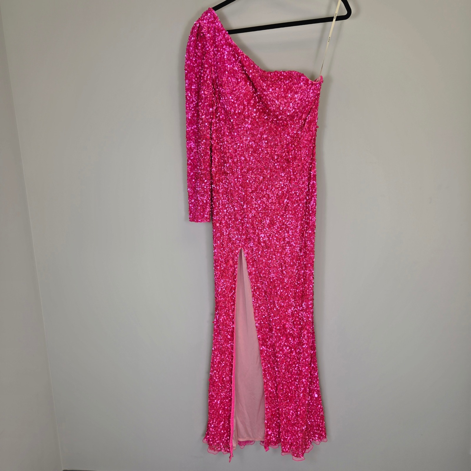 Aleta Pink Sequin One Shoulder Long Sleeve Maxi Gown High Slit Dress Womens 14